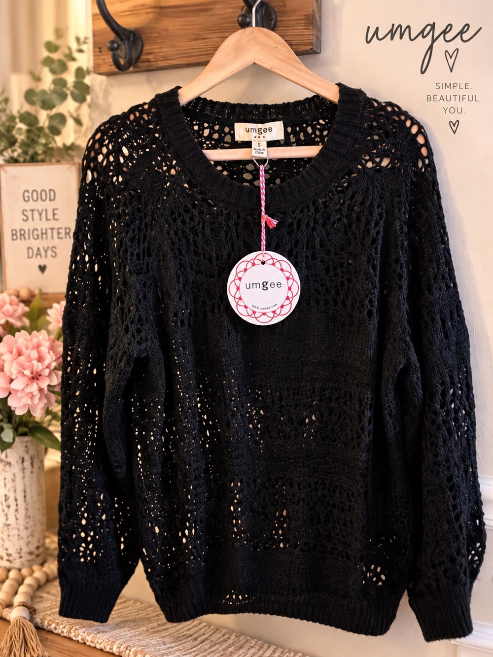 Umgee Black Open-Weave Crewneck Sweater